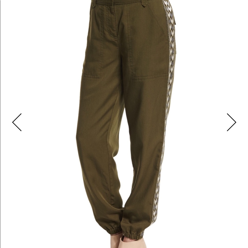 Embroidered Twill Pants, Hunter Green